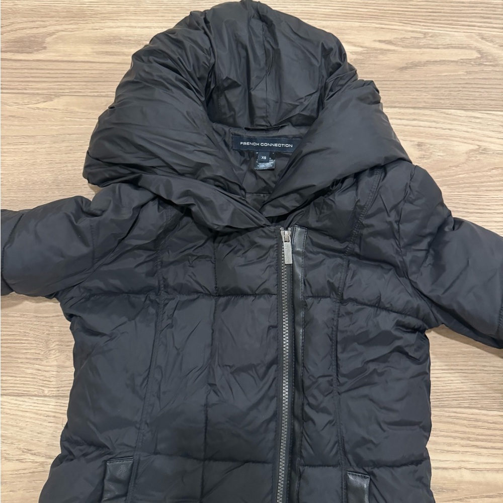 French Connection asymmetrical Black Hooded Puffer Coat XS